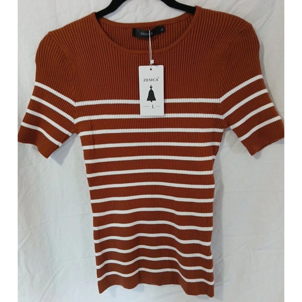 'Zessica,' Womens Brown/ White Striped Shortsleeve Top Size Large NWT SUPER CUTE